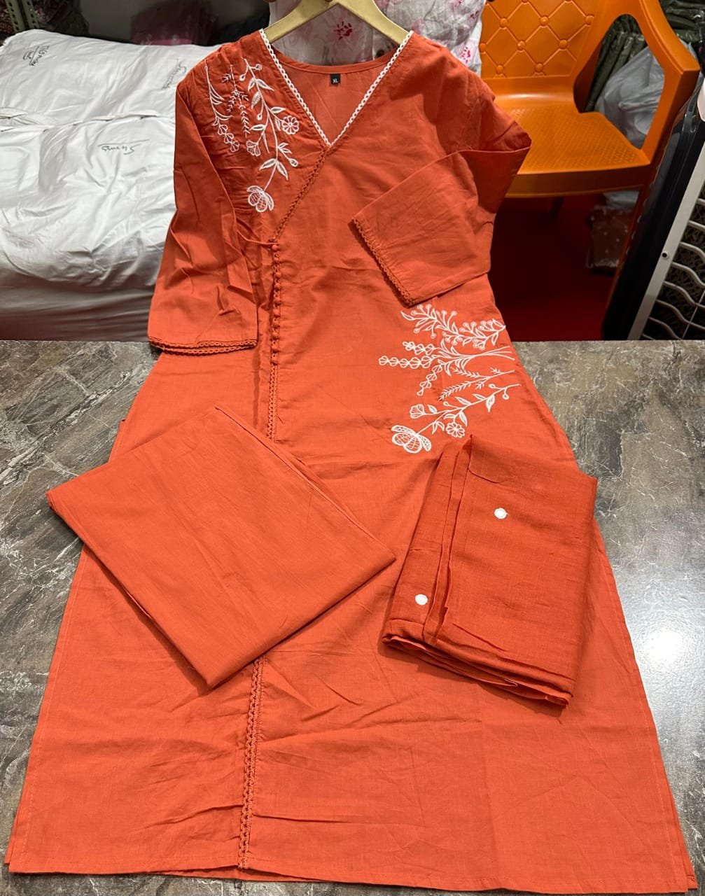 Orange Cotton A-Line Kurti Pant Dupatta Set